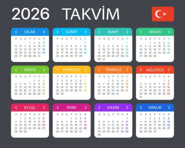 2026 takviminin vektör şablonu - Türkçe sürümü