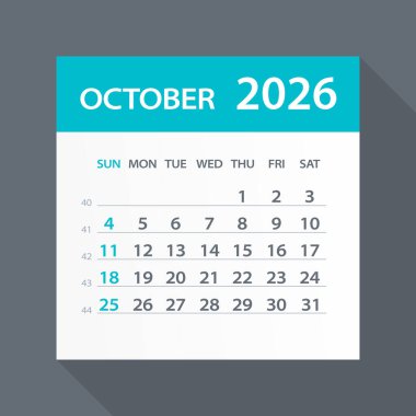 Ekim 2026 Takvim Yaprağı - İllüstrasyon Vektör grafik sayfası