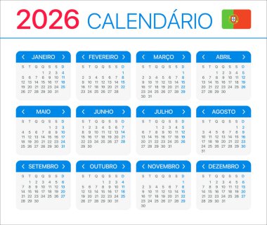 2026 takvimi - Portekizce sürümü - Vektör Şablonu