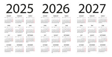 Takvim 2025, 2026, 2027 - vektör illüstrasyonu. Hafta pazartesi başlıyor. Takvim 2025, 2026, 2027 yılına ayarlandı
