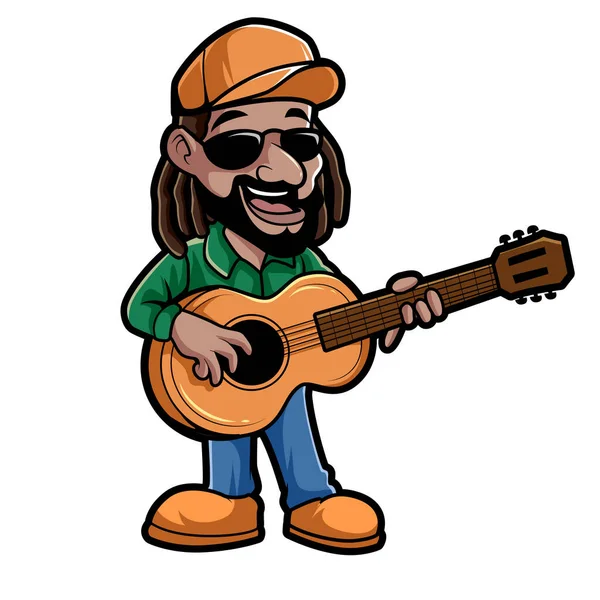 クラシックギターをプレイしながら ドレッドロックとレゲエスタイルの歌を持つラスタマンマスコットキャラクター漫画ベクトル — ストックベクタ