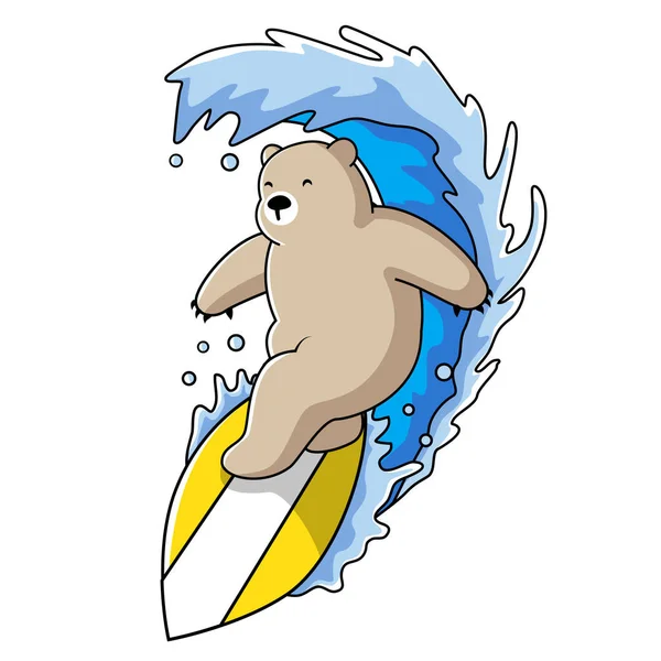 Χαριτωμένο Αρκούδα Surfing Κύμα Εικονογράφηση Κινουμένων Σχεδίων — Διανυσματικό Αρχείο