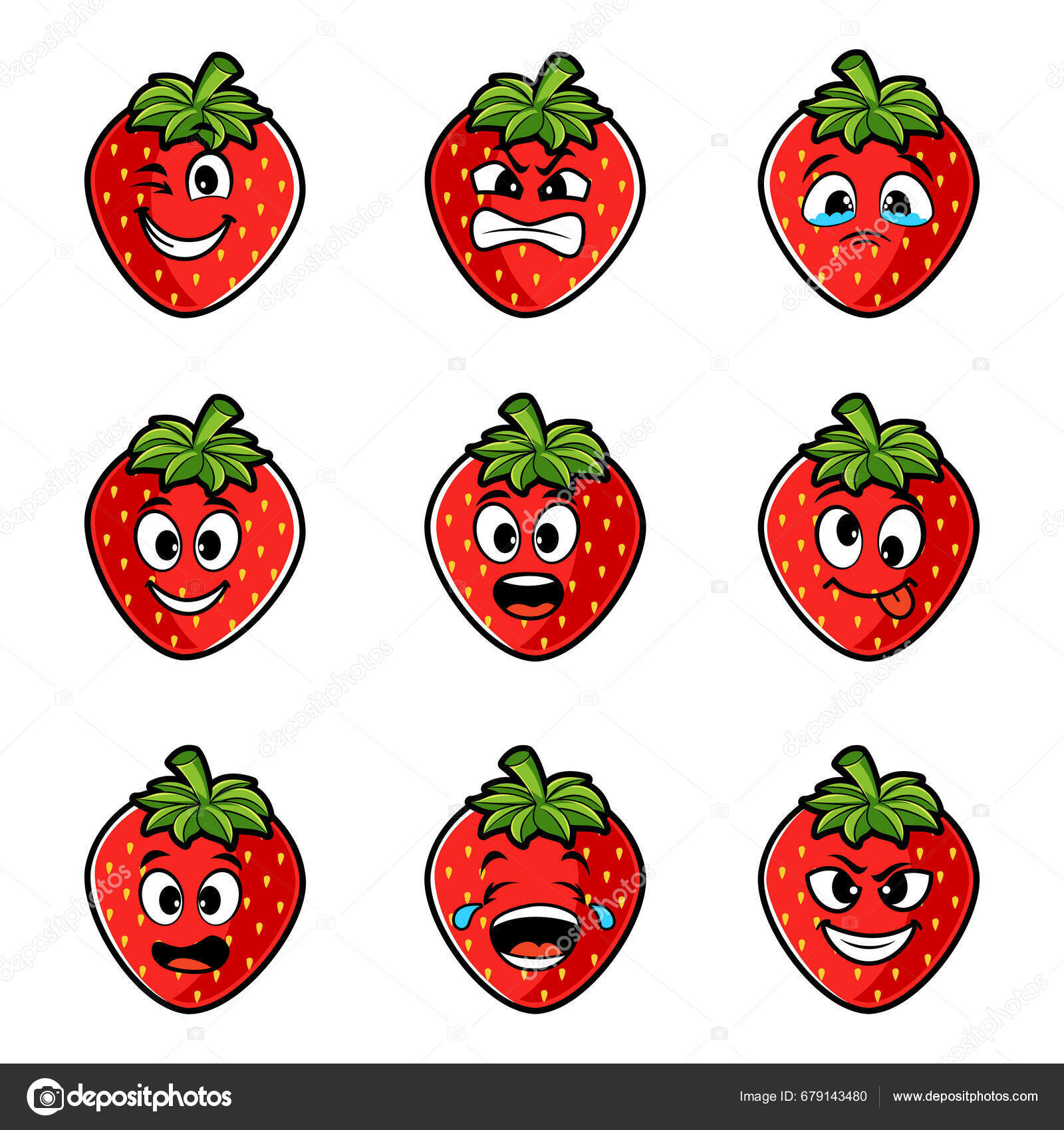 Strawberry Character Funny Face Happy Cute Cartoon Strawberry Emoji Set