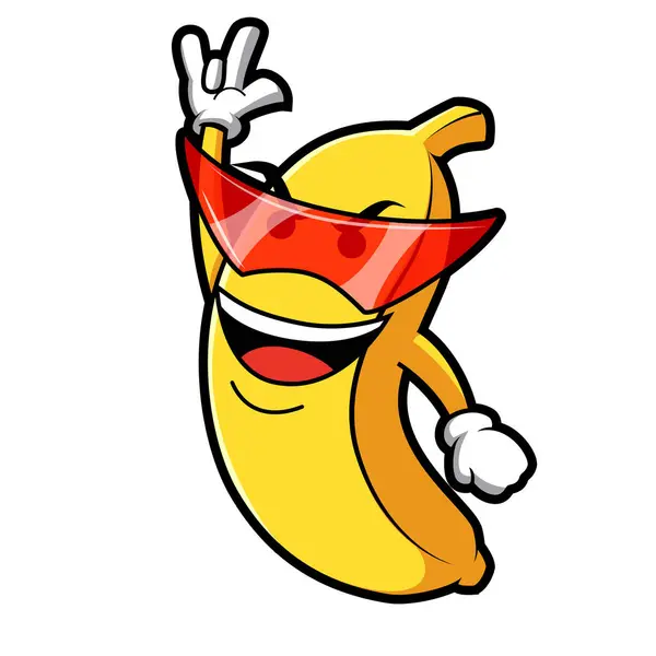 Legal Banana Engraçado Mascote Personagem Com Óculos Vermelhos — Vetor de Stock