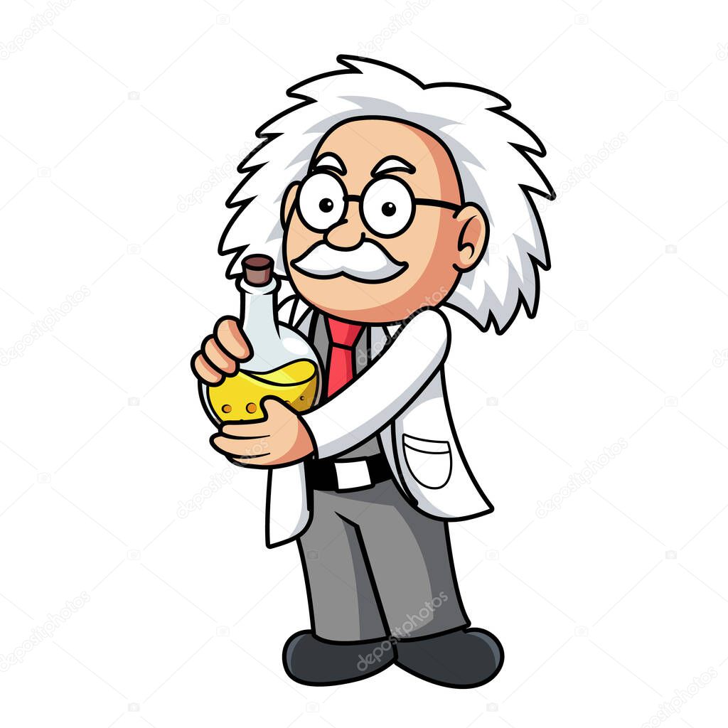 Happy Old Man Professor with Glasses Holding Potion