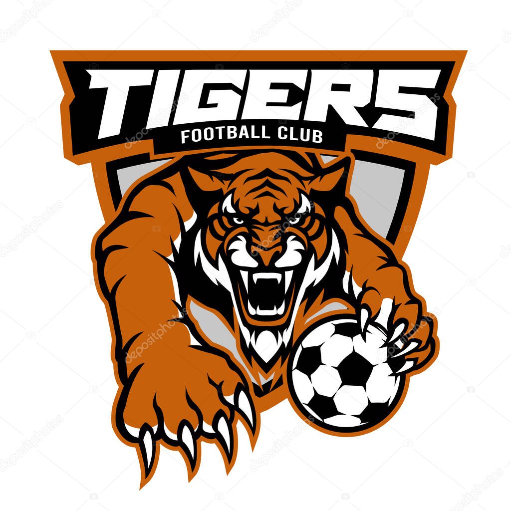 Tiger soccer team design with mascot and ball for school, college or league