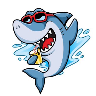 Gülümseyen köpekbalığı çizgi film maskot karakteri ile güneş gözlüğü