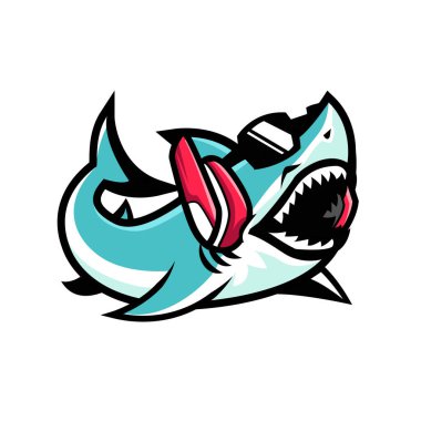 Köpek Balığı Maskotu Karakteri Güneş gözlüğü kulaklıklı