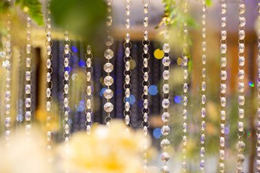 Bulanık kenarlı çiçeklerle çevrili beyaz kristal boncuk perdeler. Merkeze odaklan.