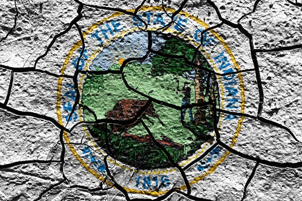 Indiana state Seal flag of United States on a mud texture of dry crack on the ground