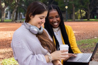 Çok ırklı arkadaşlar, bir Kafkasyalı ve bir Afro-Amerikalı, dizüstü bilgisayar kullanıyorlar, gülümsüyorlar, sonbahar öğleden sonrasında parkta bir battaniyenin üzerinde oturuyorlar..