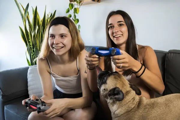 best friends playing video games on the couch at home having fun and laughing. young woman with fair complexion and young woman with tanned complexion with her french bulldog on the side.