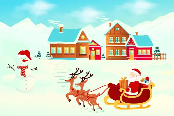 Noel Baba ve çocuklar kış manzarasında. Noel tebrik kartı.