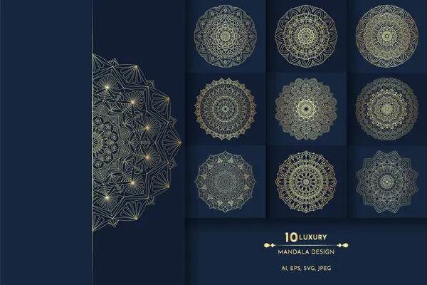 Broşür, el ilanı, kart ve kapak tasarımı için vektör şablonu tasarımı. Mavi mandala tasarımı, mandala, altın elementlerle süslenmiş..