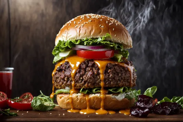 Peynirli ve domates soslu ev yapımı hamburger.