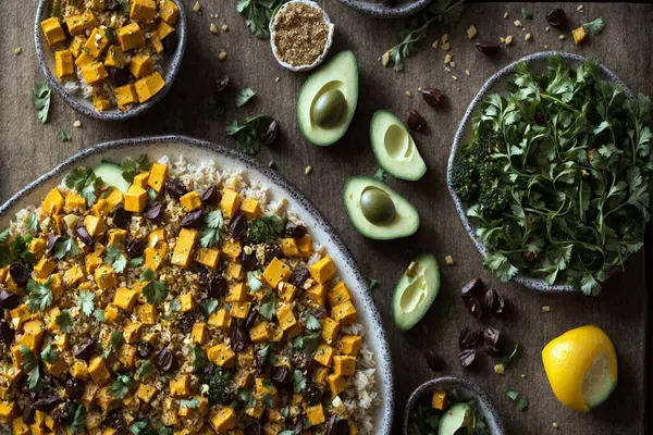 Vejetaryen diyeti için sağlıklı yiyecekler, sağlıklı gıda konsepti. Vejetaryen konsepti. Sağlıklı yemek. Avokado, avokado, balkabağı ve kinoa. en üstteki görünüm.