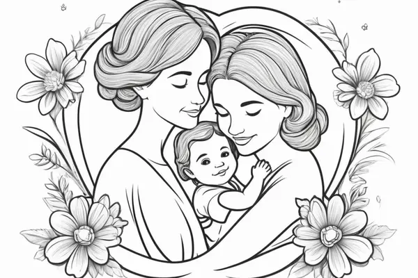 Mutlu anne, bebek, anne ve kız, aile vektörü. boyama kitabı sayfası, siyah beyaz
