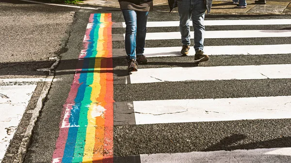 stock image Zebra crossing in a city with a vertical line painted with the colors of the flag of pride and peace