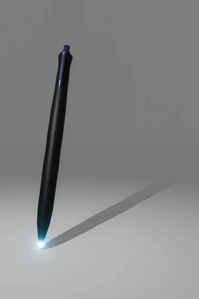 stock image 3D render depicting a pen with blue light at the tip on a grayish background