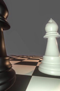 İki piskoposun görüldüğü bir satranç sahnesini üç boyutlu resmetmek