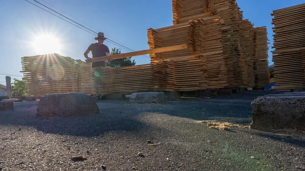Man walks with a stick in his hand next to some piles of wood where his shadow is reflected