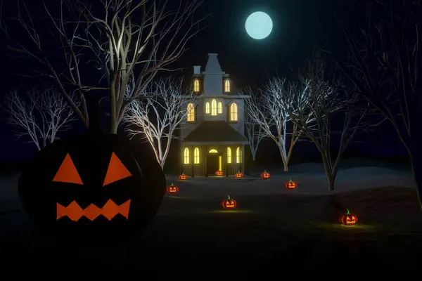 Renderuj Typowa Scena Halloween Dyniami Nawiedzonym Domem Wewnątrz Lasu Drzewami — Zdjęcie stockowe