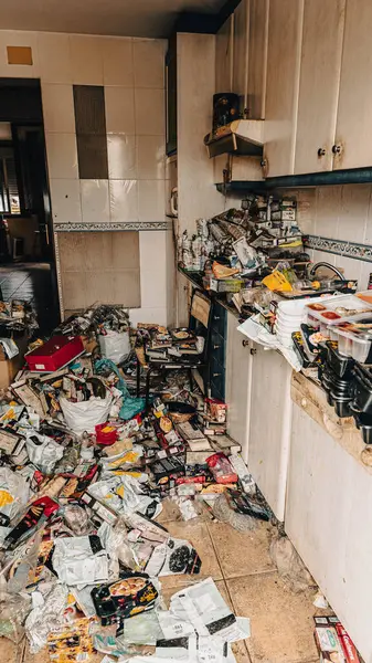 あらゆる種類の加工食品容器で構成された台所のゴミの山 ロイヤリティフリーのストック画像