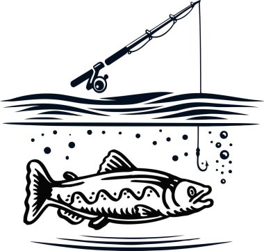 Nehir balığı ve balık kancası ana hatları simgesi. El çizimi balıkçılık sembolü. Balıkçılık kavramı.