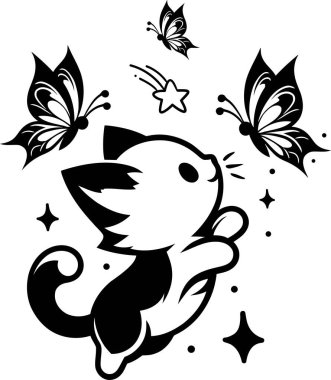 Funny silhouette tattoo of little cats doodle with butterflies design decorative black and white illustration. clipart