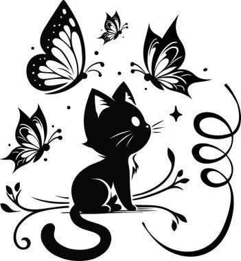 Komik siluet küçük kediler kelebeklerle karalama yapıyorlar dövme tasarımı dekoratif siyah ve beyaz çizimler.