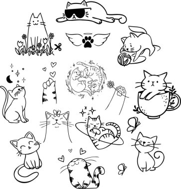 Kedi, kedi, kedi, kedi pençesi ve el yapımı poz koleksiyonunun güzel bir tasviri. Komik ve sevimli hayvanlar, karalayın siyah kediler ve kediler oturup oynuyorlar.