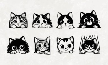 Cute peeking cats black and white silhouette vector illustration collection. Comic emotional domestic animal with paw hiding, hunting and playing. clipart