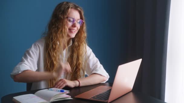 Boss Wanita Memimpin Berbicara Dalam Video Chat Conference Dengan Laptop — Stok Video