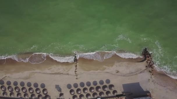 Αεροφωτογραφία Από Ψάθινες Ομπρέλες Στην Παραλία Ωκεάνια Κύματα Που Πλένουν — Αρχείο Βίντεο