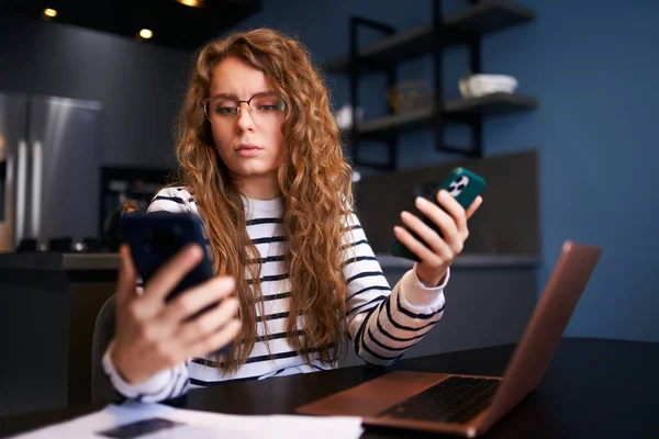 Curly Blonde Woman Glasses Working Home Multiple Electronic Internet Devices — Stock Photo, Image