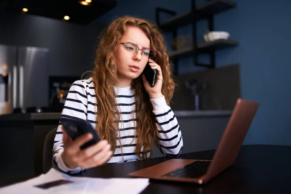 Curly Blonde Woman Glasses Working Home Multiple Electronic Internet Devices — Stock Photo, Image