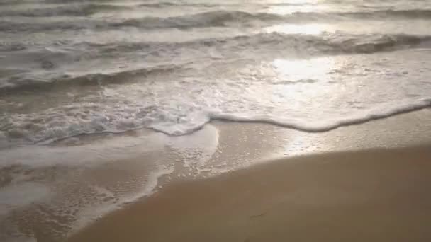 Seitenansicht Von Weiblichen Füßen Stiefeln Die Sandstrand Meereswellen Entlanglaufen Frau — Stockvideo