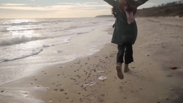 Pretty Mixed Ethnic Woman Running Away Sandy Sea Beach Playful — Stock Video