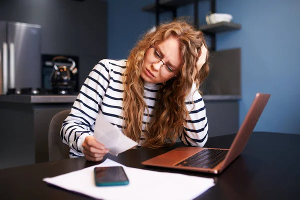 Unhappy Woman Calculates Expenses Bills Upset Increased Utilities Prices Female — Stock Photo, Image