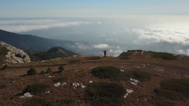Aerial View Male Explorer Standing Edge Mountain Raised Arms Enjoying — Stock Video