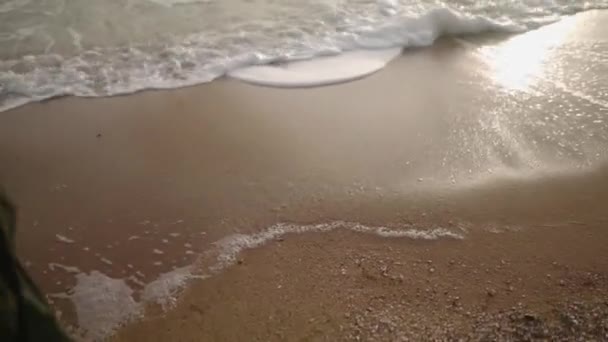 Side View Female Feet Boots Walking Sea Waves Foam Sandy — Stock Video