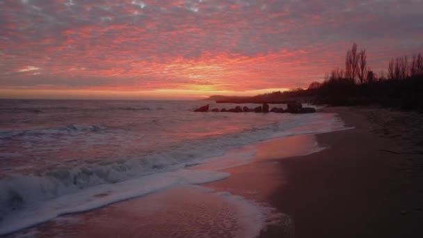 Fantastisk Drömsk Solnedgång Havets Strand Tvättad Vågor Rosa Och Blå — Stockvideo