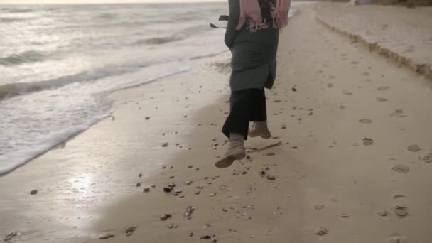 Щаслива Змішана Етнічна Жінка Тікає Піщаному Морському Пляжі Грайливе Усміхнене — стокове відео