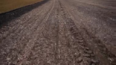 Ekin tarlasında boş toprak. Uçan dron atışı. Hasat edilen buğday tarlalarının üzerinde insansız hava aracı atışı. Gün batımında kırsal çiftlik. Tarım alanı hava aracı geriye doğru hareket ediyor. Yüksek kalite 4k görüntü