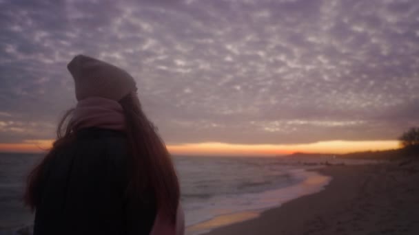 여성이 석양을 바라보고 있습니다 대규모의 수수께끼같은 바닷가 해변에서 바라보고 있습니다 — 비디오