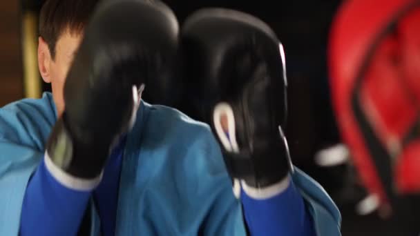 Two Martial Arts Men Kimonos Gloves Practicing Kicks Punches Male — Stockvideo
