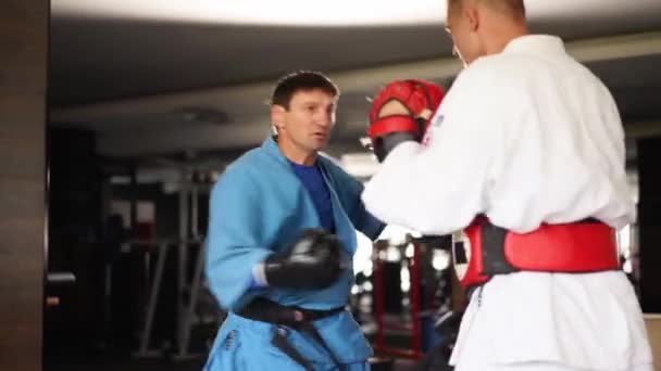 Two Martial Arts Men Kimonos Gloves Practicing Kicks Punches Male — Vídeos de Stock