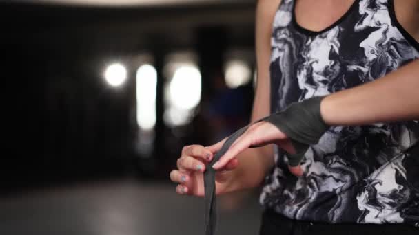 Athletic Slim Woman Wraps Hands Boxing Bandages Gym Female Athlete — Stock Video