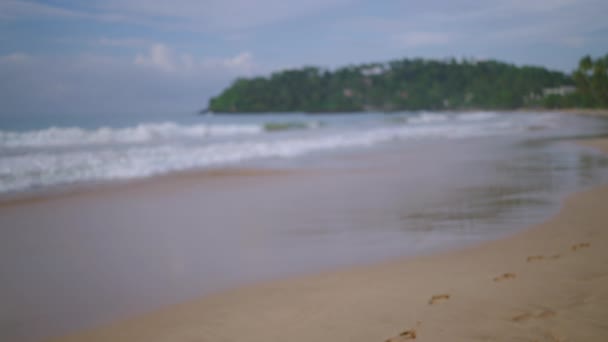 Young Blonde Woman Surfer Bikini Carrying Surfboard Walks Ocean Stops — Vídeo de Stock