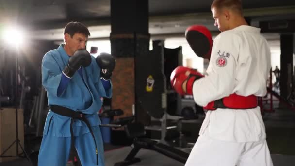 Two Martial Arts Men Kimonos Gloves Practicing Kicks Punches Male — Vídeo de Stock